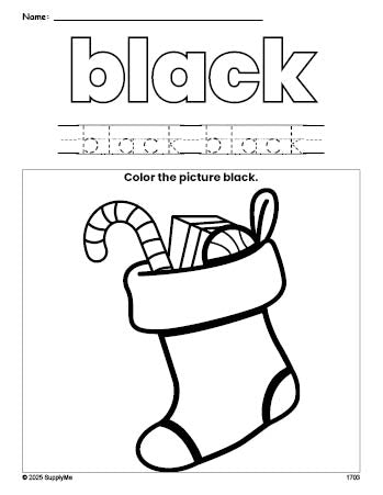 Free Christmas stocking color black coloring page and color worksheet, black worksheet for preschoolers to learn colors, printable PDF