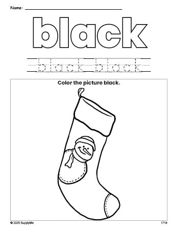 Free Christmas stocking color black coloring page and color worksheet, black worksheet for preschoolers to learn colors, printable PDF