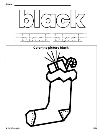 Free Christmas stocking color black coloring page and color worksheet, black worksheet for preschoolers to learn colors, printable PDF