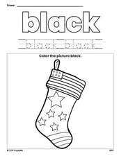 Free Christmas stocking color black coloring page and color worksheet, black worksheet for preschoolers to learn colors, printable PDF