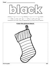 Free Christmas stocking color black coloring page and color worksheet, black worksheet for preschoolers to learn colors, printable PDF