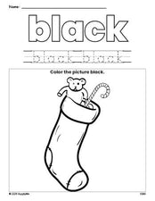 Free Christmas stocking color black coloring page and color worksheet, black worksheet for preschoolers to learn colors, printable PDF