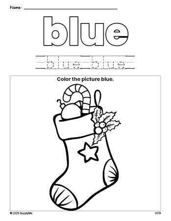 Free Christmas stocking color blue coloring page and color worksheet, blue worksheet for preschoolers to learn colors, printable PDF