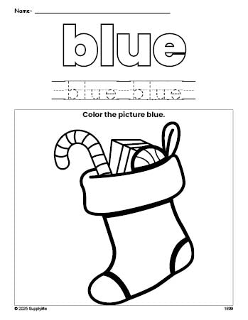 Free Christmas stocking color blue coloring page and color worksheet, blue worksheet for preschoolers to learn colors, printable PDF