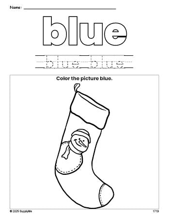 Free Christmas stocking color blue coloring page and color worksheet, blue worksheet for preschoolers to learn colors, printable PDF