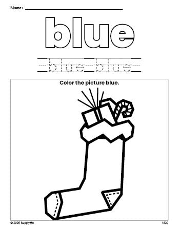 Free Christmas stocking color blue coloring page and color worksheet, blue worksheet for preschoolers to learn colors, printable PDF