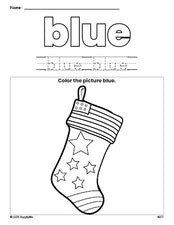 Free Christmas stocking color blue coloring page and color worksheet, blue worksheet for preschoolers to learn colors, printable PDF