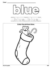 Free Christmas stocking color blue coloring page and color worksheet, blue worksheet for preschoolers to learn colors, printable PDF