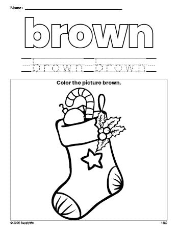 Free Christmas stocking color brown coloring page and color worksheet, brown worksheet for preschoolers to learn colors, printable PDF