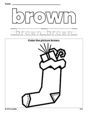 Free Christmas stocking color brown coloring page and color worksheet, brown worksheet for preschoolers to learn colors, printable PDF