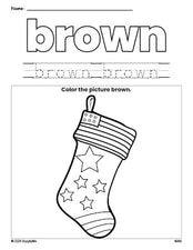 Free Christmas stocking color brown coloring page and color worksheet, brown worksheet for preschoolers to learn colors, printable PDF