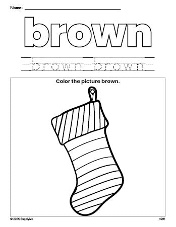 Free Christmas stocking color brown coloring page and color worksheet, brown worksheet for preschoolers to learn colors, printable PDF