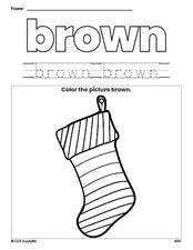 Free Christmas stocking color brown coloring page and color worksheet, brown worksheet for preschoolers to learn colors, printable PDF