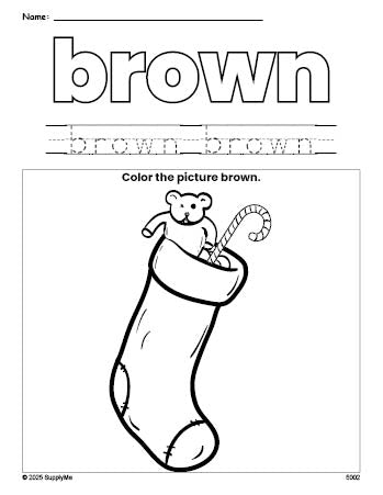 Free Christmas stocking color brown coloring page and color worksheet, brown worksheet for preschoolers to learn colors, printable PDF