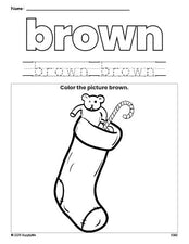 Free Christmas stocking color brown coloring page and color worksheet, brown worksheet for preschoolers to learn colors, printable PDF