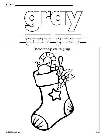 Free Christmas stocking color gray coloring page and color worksheet, gray worksheet for preschoolers to learn colors, printable PDF