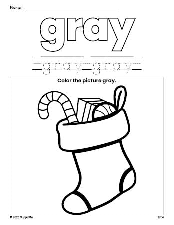 Free Christmas stocking color gray coloring page and color worksheet, gray worksheet for preschoolers to learn colors, printable PDF