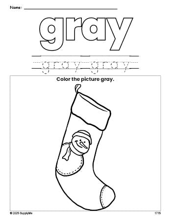 Free Christmas stocking color gray coloring page and color worksheet, gray worksheet for preschoolers to learn colors, printable PDF