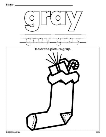 Free Christmas stocking color gray coloring page and color worksheet, gray worksheet for preschoolers to learn colors, printable PDF