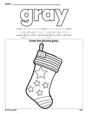 Free Christmas stocking color gray coloring page and color worksheet, gray worksheet for preschoolers to learn colors, printable PDF