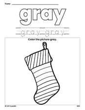 Free Christmas stocking color gray coloring page and color worksheet, gray worksheet for preschoolers to learn colors, printable PDF