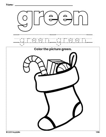 Free Christmas stocking color green coloring page and color worksheet, green worksheet for preschoolers to learn colors, printable PDF