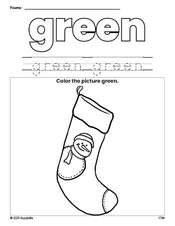 Free Christmas stocking color green coloring page and color worksheet, green worksheet for preschoolers to learn colors, printable PDF