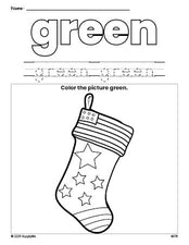 Free Christmas stocking color green coloring page and color worksheet, green worksheet for preschoolers to learn colors, printable PDF