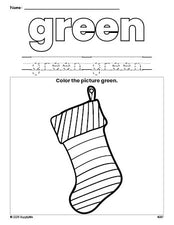 Free Christmas stocking color green coloring page and color worksheet, green worksheet for preschoolers to learn colors, printable PDF