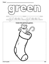 Free Christmas stocking color green coloring page and color worksheet, green worksheet for preschoolers to learn colors, printable PDF