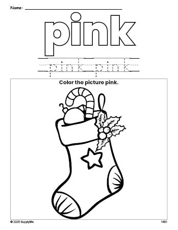 Free Christmas stocking color pink coloring page and color worksheet, pink worksheet for preschoolers to learn colors, printable PDF