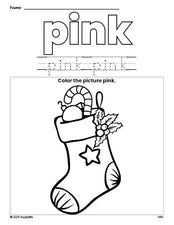 Free Christmas stocking color pink coloring page and color worksheet, pink worksheet for preschoolers to learn colors, printable PDF