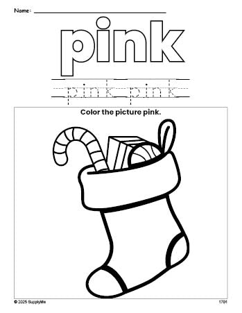 Free Christmas stocking color pink coloring page and color worksheet, pink worksheet for preschoolers to learn colors, printable PDF