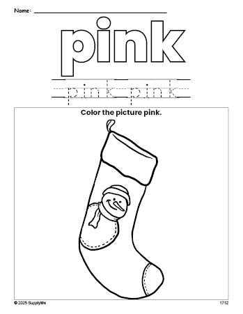 Free Christmas stocking color pink coloring page and color worksheet, pink worksheet for preschoolers to learn colors, printable PDF