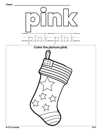 Free Christmas stocking color pink coloring page and color worksheet, pink worksheet for preschoolers to learn colors, printable PDF