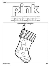 Free Christmas stocking color pink coloring page and color worksheet, pink worksheet for preschoolers to learn colors, printable PDF