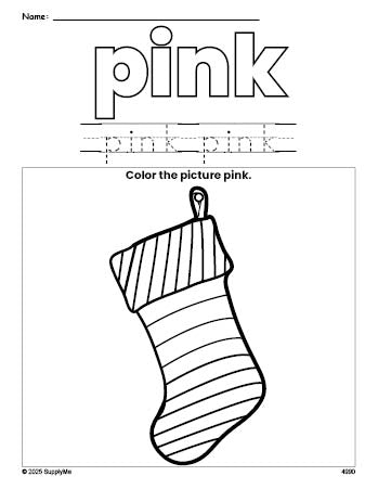 Free Christmas stocking color pink coloring page and color worksheet, pink worksheet for preschoolers to learn colors, printable PDF