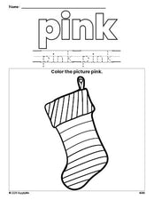 Free Christmas stocking color pink coloring page and color worksheet, pink worksheet for preschoolers to learn colors, printable PDF