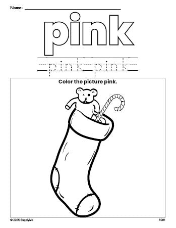 Free Christmas stocking color pink coloring page and color worksheet, pink worksheet for preschoolers to learn colors, printable PDF