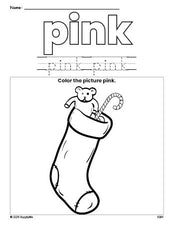 Free Christmas stocking color pink coloring page and color worksheet, pink worksheet for preschoolers to learn colors, printable PDF