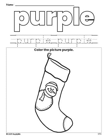 Free Christmas stocking color purple coloring page and color worksheet, purple worksheet for preschoolers to learn colors, printable PDF