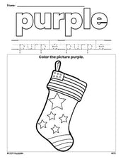 Free Christmas stocking color purple coloring page and color worksheet, purple worksheet for preschoolers to learn colors, printable PDF