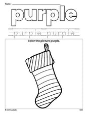 Free Christmas stocking color purple coloring page and color worksheet, purple worksheet for preschoolers to learn colors, printable PDF