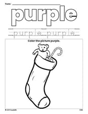 Free Christmas stocking color purple coloring page and color worksheet, purple worksheet for preschoolers to learn colors, printable PDF