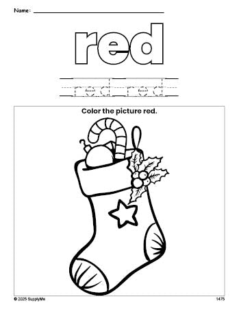 Free Christmas stocking color red coloring page and color worksheet, red worksheet for preschoolers to learn colors, printable PDF