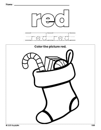 Free Christmas stocking color red coloring page and color worksheet, red worksheet for preschoolers to learn colors, printable PDF