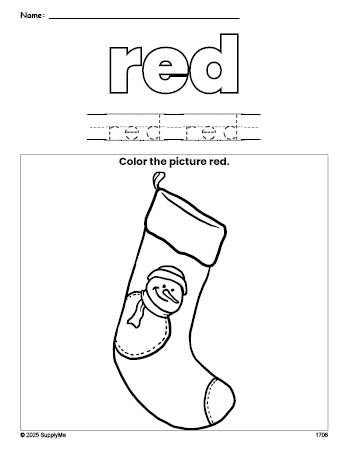 Free Christmas stocking color red coloring page and color worksheet, red worksheet for preschoolers to learn colors, printable PDF