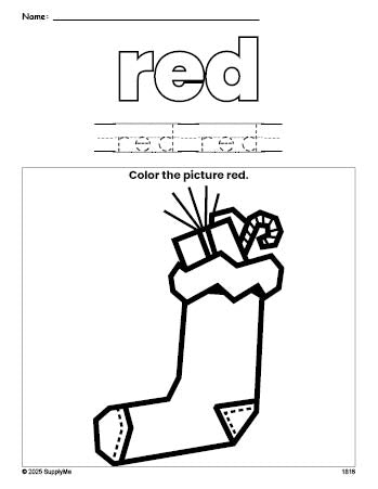 Free Christmas stocking color red coloring page and color worksheet, red worksheet for preschoolers to learn colors, printable PDF