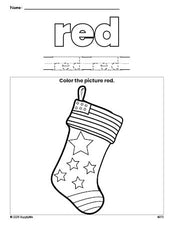 Free Christmas stocking color red coloring page and color worksheet, red worksheet for preschoolers to learn colors, printable PDF