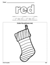 Free Christmas stocking color red coloring page and color worksheet, red worksheet for preschoolers to learn colors, printable PDF